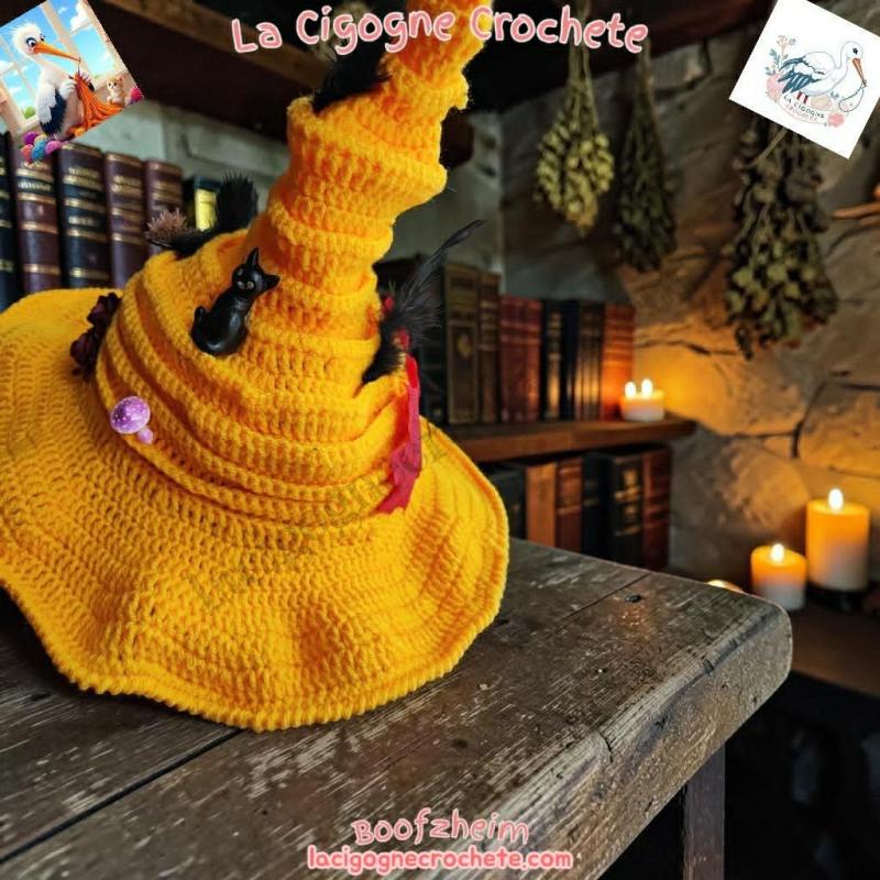 Chapeau de sorcière au crochet dans un univers mystique et Halloween artisanal