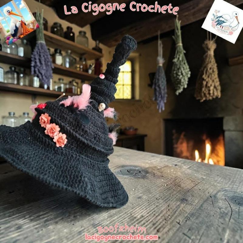 Chapeau de sorcière au crochet dans un univers mystique et Halloween artisanal