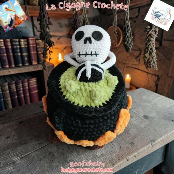 Squelette dans chaudron au crochet avec potion verte