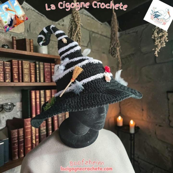 Chapeau de sorciere au crochet modele 7 noir et blanc fait main par La Cigogne Crochete