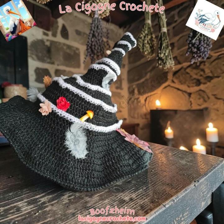 Chapeau de sorciere au crochet modele 7 noir et blanc fait main par La Cigogne Crochete