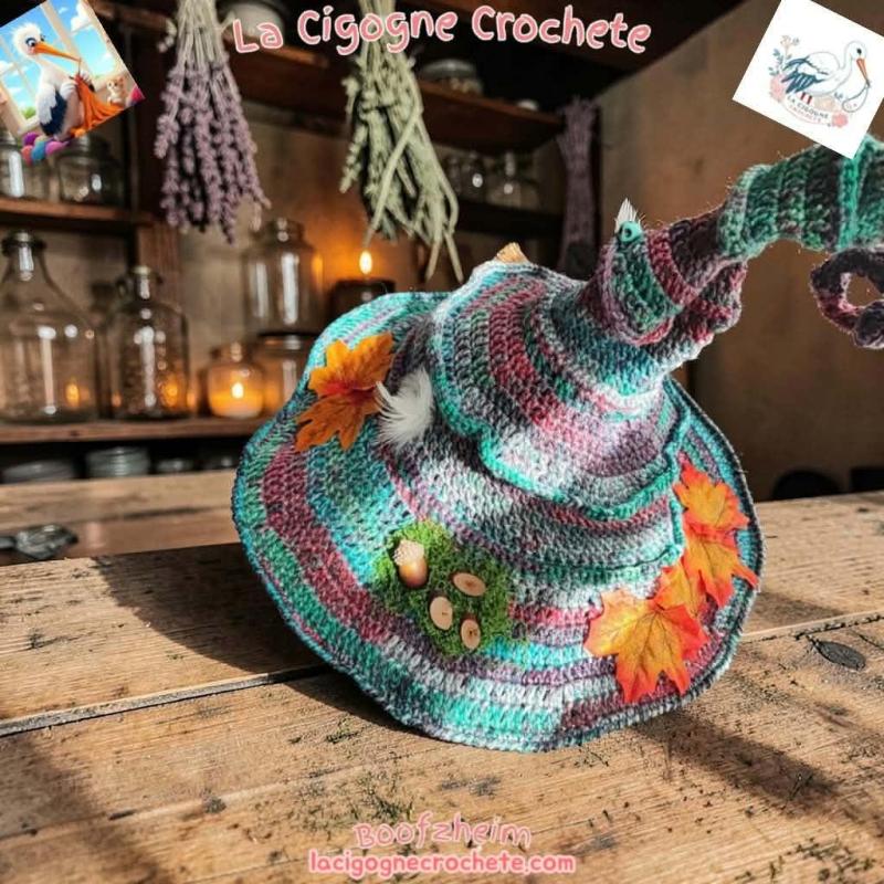 Chapeau de sorciere modele 8 au crochet avec feuilles plumes et ornements