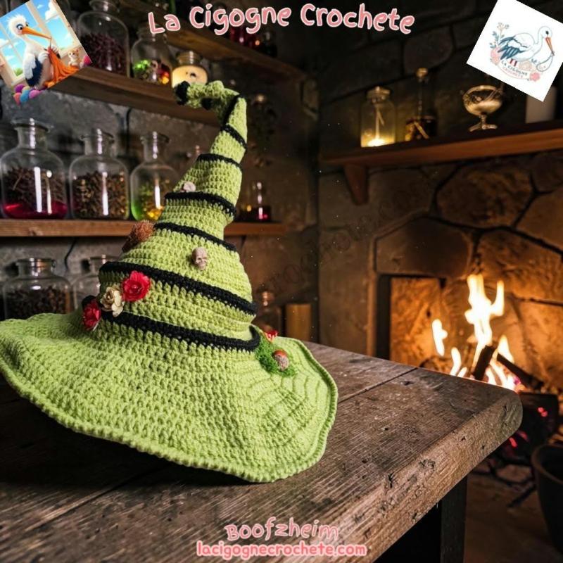 Chapeau de sorciere au crochet modele 9 vert clair et noir fait main