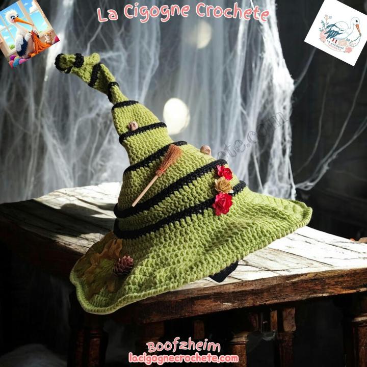 Chapeau de sorciere crochet modele 9 avec balai fleurs et decor Halloween