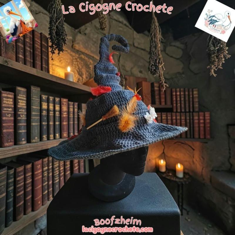 Chapeau de sorciere au crochet modele 10 gris bleu fait main