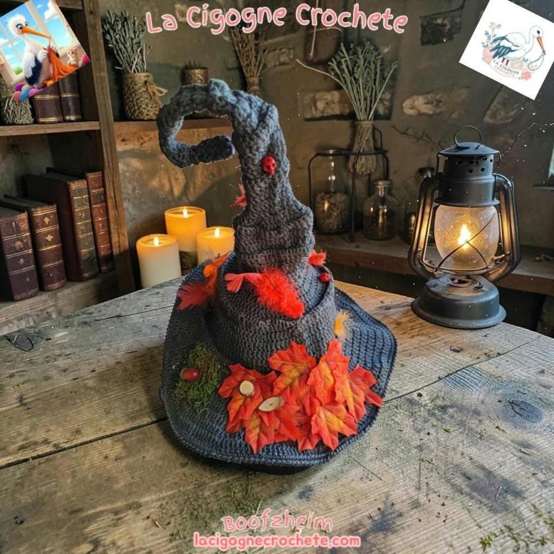 Chapeau de sorciere modele 10 au crochet avec feuilles automnales et ornements