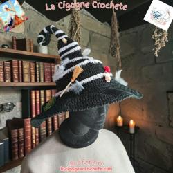 Chapeau de sorciere au crochet modele 7 noir et blanc fait main par La Cigogne Crochete