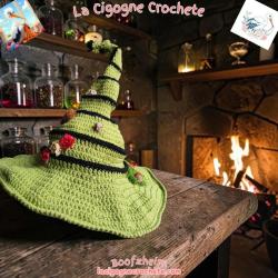 Chapeau de sorciere au crochet modele 9 vert clair et noir fait main
