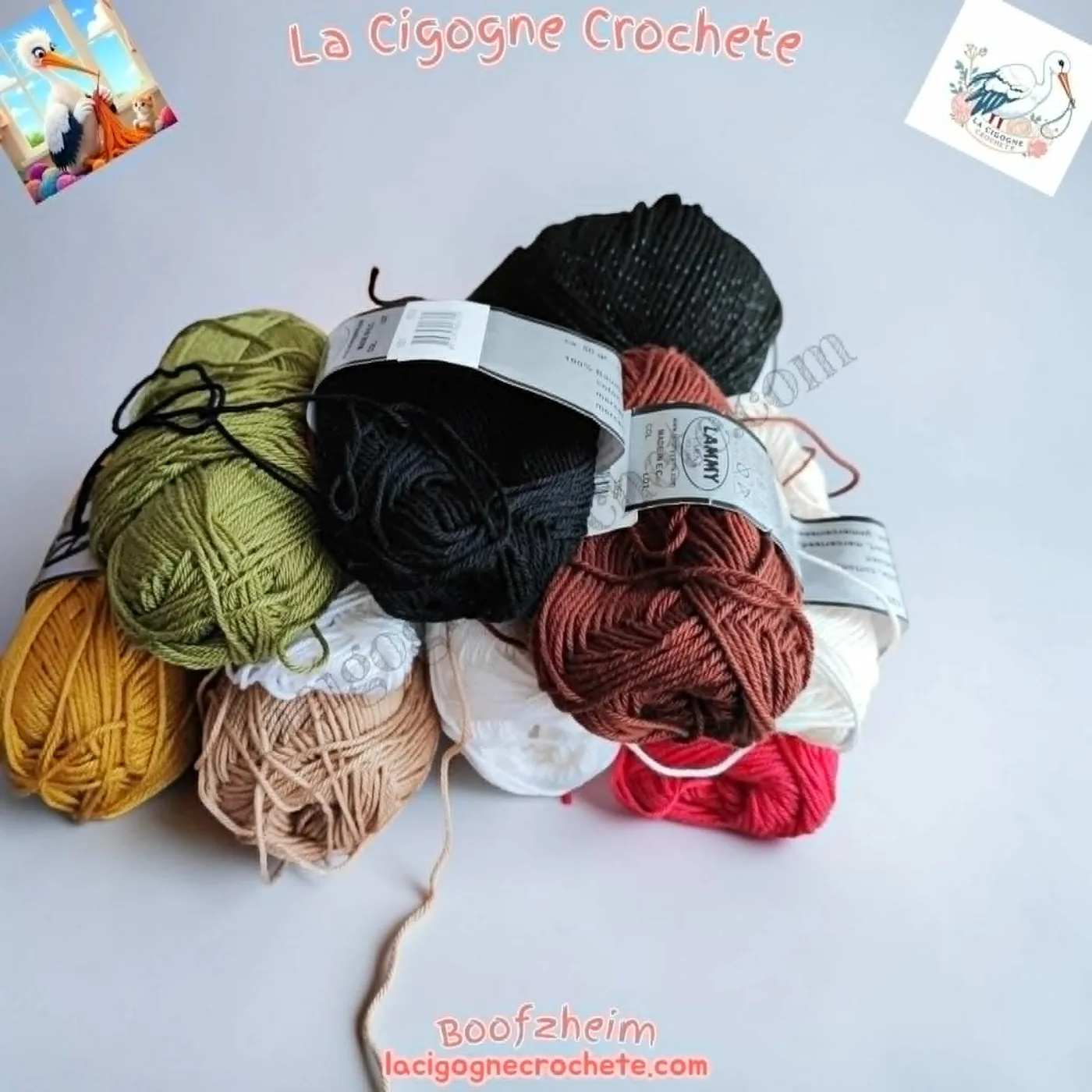 Matières utilisées pour créer la cigogne au crochet