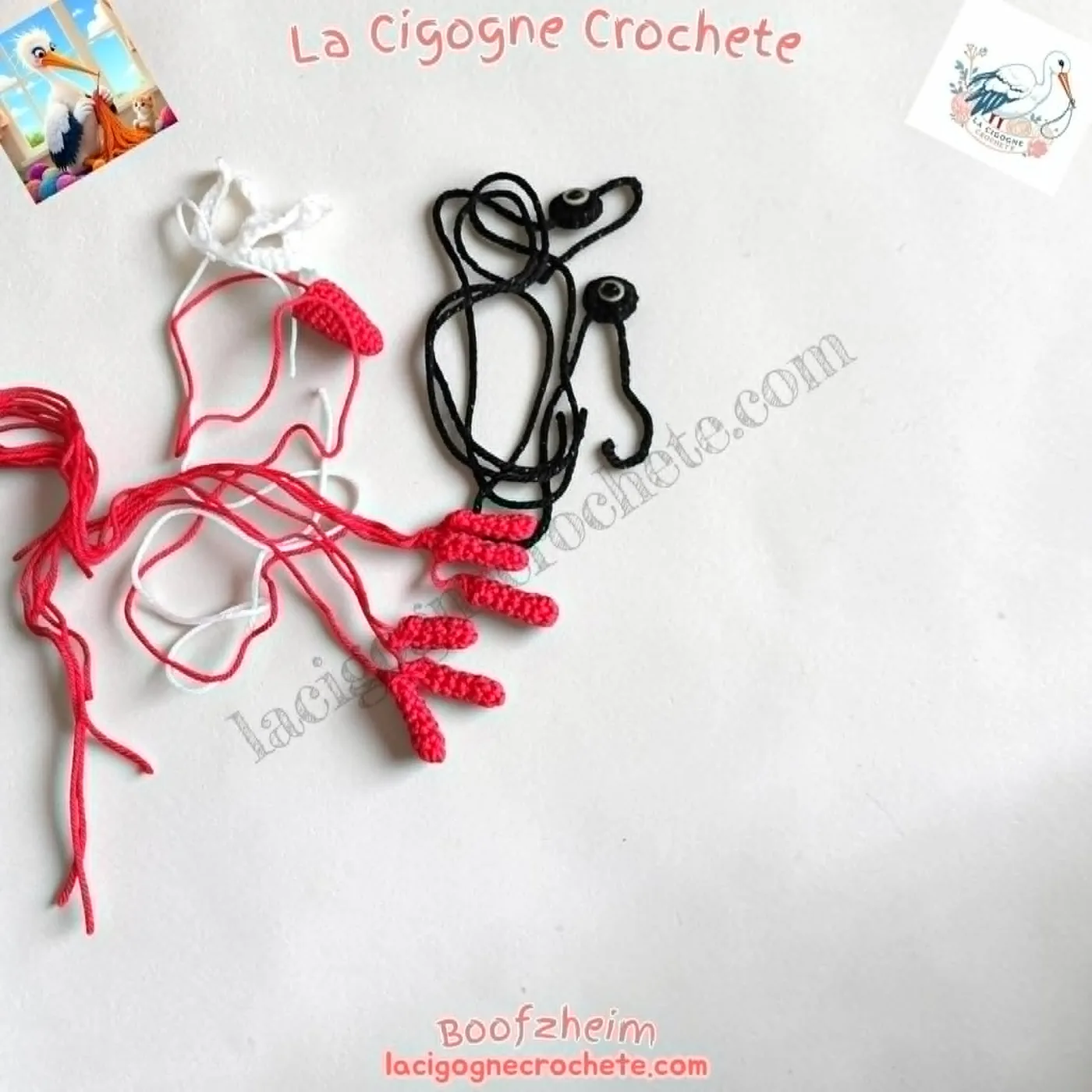 Bec, pattes, queue et yeux de la cigogne au crochet