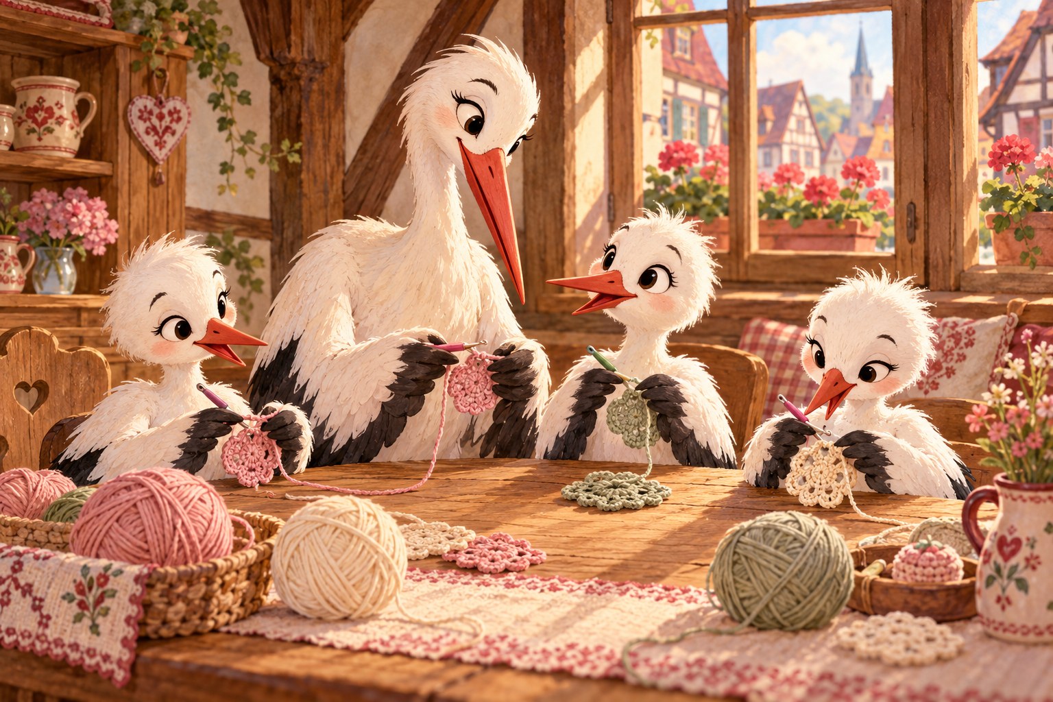 Illustration d’une cigogne apprenant le crochet à des cigogneaux dans un intérieur alsacien